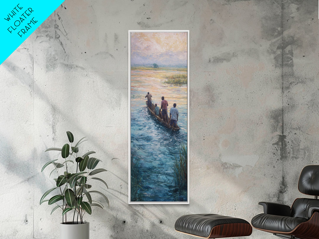 African Canoe River Landscape Wall Art, Fishermen On Water Canvas Print, Serene Safari Cultural Home Decor Gift For Him