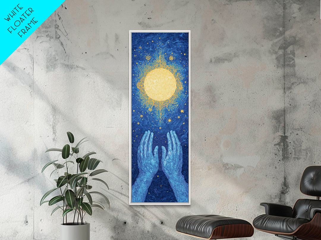 Glowing Celestial Sun Between Blue Hands Wall Art, Spiritual Wall Art, Mystical Wall Art, Starry Blue Home Decor Gift Idea