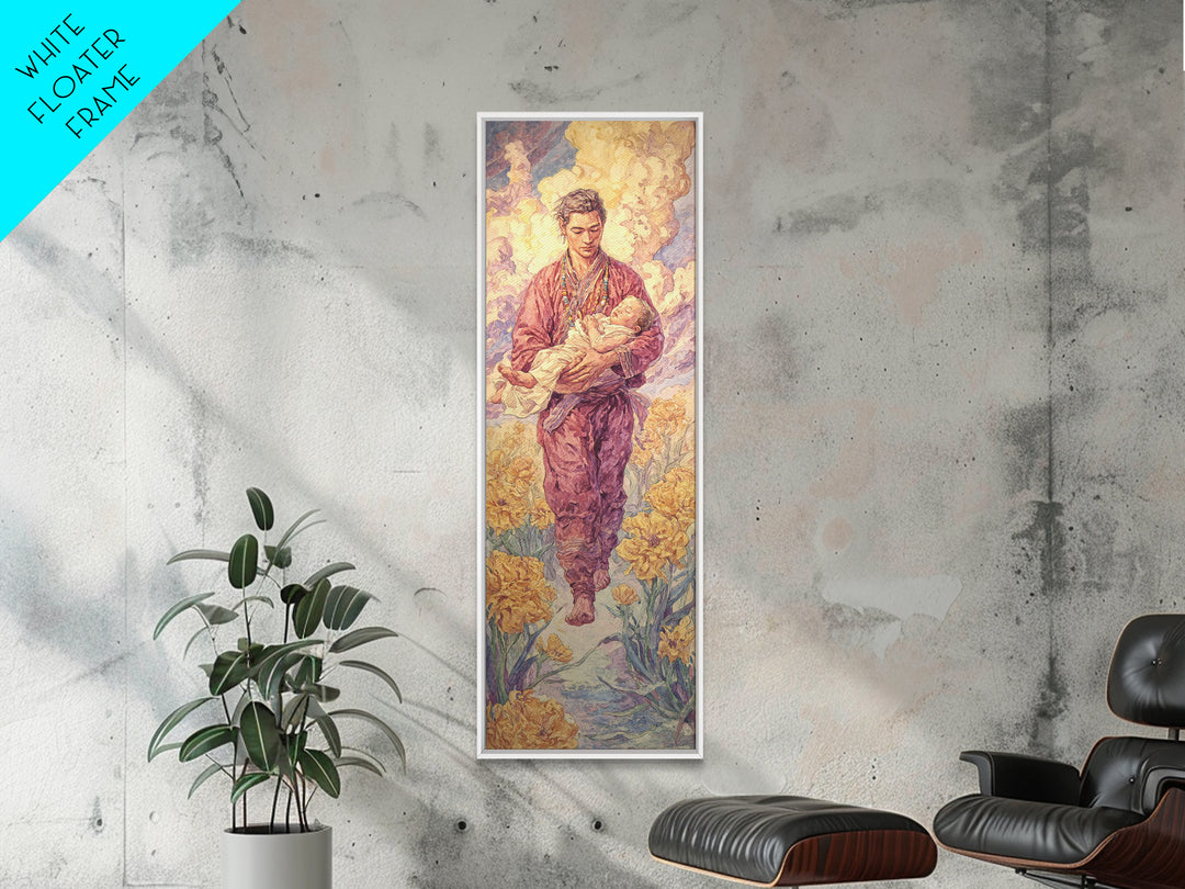 Gentle Shepherd Carrying Lamb Through Golden Flowers Framed Canvas Print, Spiritual Wall Art, Painting, Meaningful Gift For Home