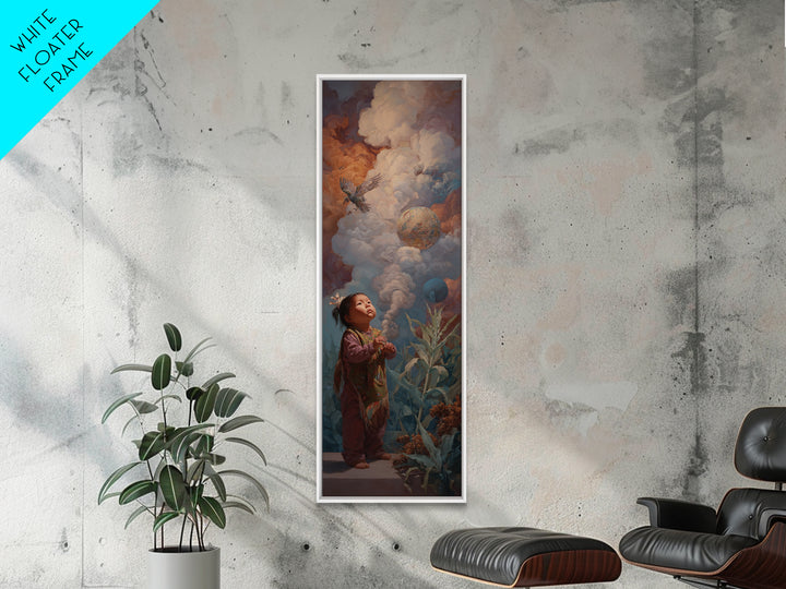 Wondering Child Beneath Cloud Birds And Planets Canvas Print, Dreamy Wall Art, Nature Scene Art, Unique Home Decor Gift Idea