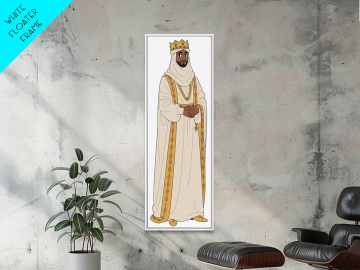 Regal Bearded King In White Robes Framed Canvas Print, African Inspired Royal Portrait, Elegant Cultural Home Decor Gift