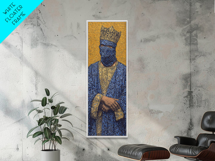 Masked African King In Blue And Gold Framed Canvas Print, Royal Portrait Wall Art, Luxury Afrocentric Cultural Home Decor