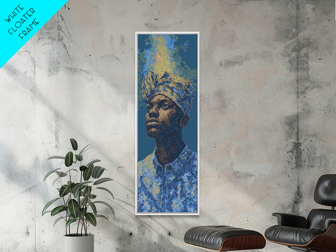 Regal African Man Portrait Wall Art, Blue Gold Framed Canvas Print, Afrocentric Black Culture Decor, Modern Art Gift For Him
