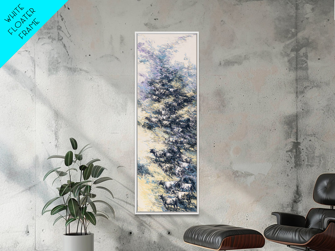Blue Winter African Tree With Grazing Cattle Wall Art, Serene Safari Landscape, Nature Scene Home Decor For Modern Farmhouse