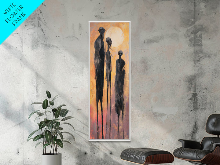 Tall African Elders Walking At Golden Sunset Framed Canvas Print, Minimalist Afrocentric Wall Decor, Warm Earth Tone Art