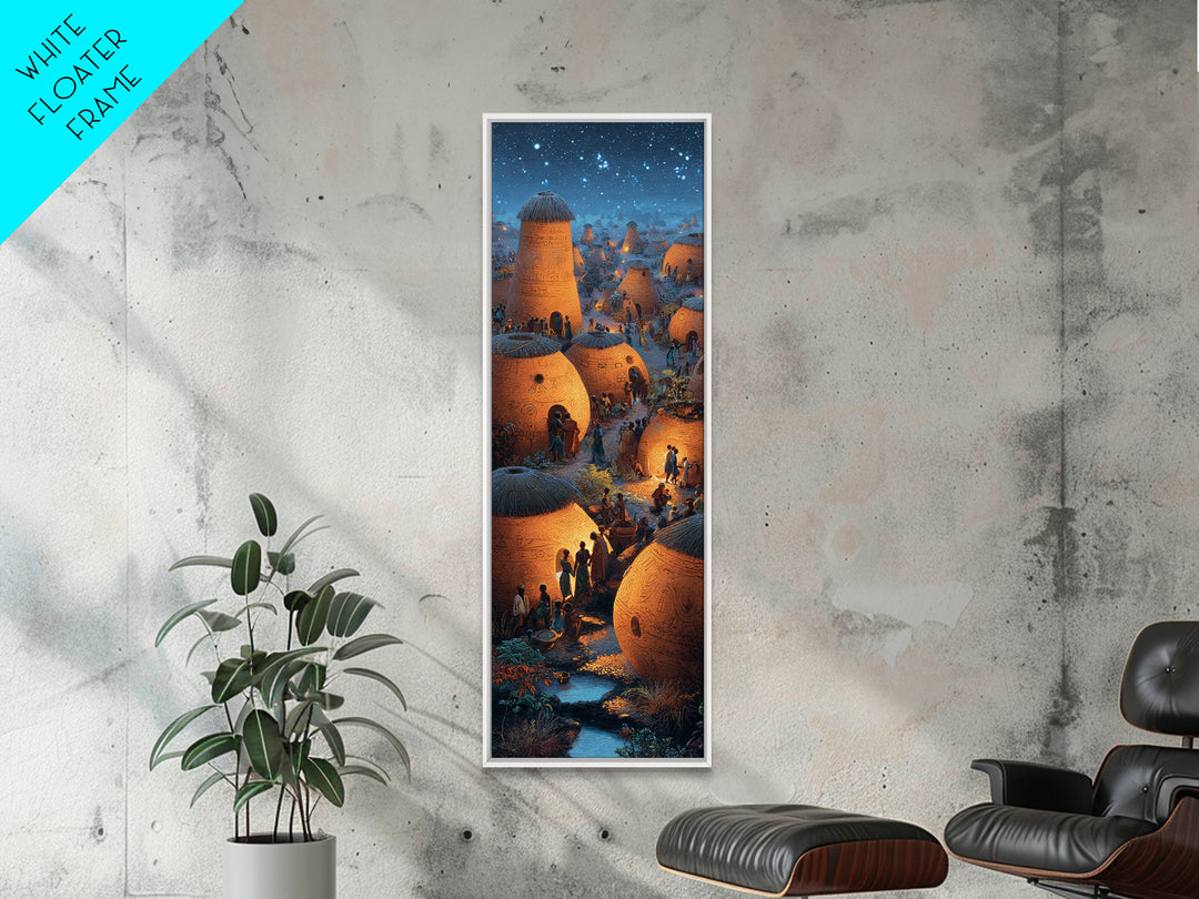 Glowing African Village At Starlit Night With Clay Huts Canvas Print, Afrocentric Wall Decor, Magical Motherland Home Art