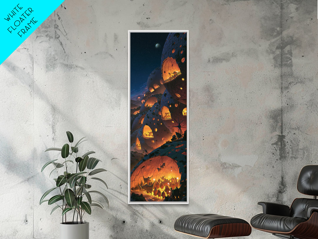 Futuristic African Dome City With Glowing Lanterns Wall Art, Afrofuturism Decor, Starry Night Sci Fi Landscape Print For Home Decor