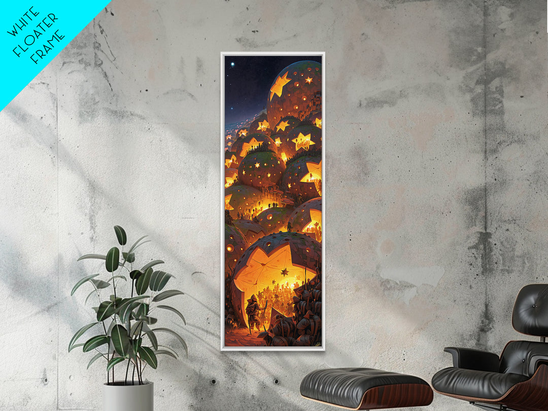 Glowing Star Lantern Village In Dreamy Mountains, Canvas Print, Wall Art, Cozy Night Decor, Magical Living Room Artwork Gift
