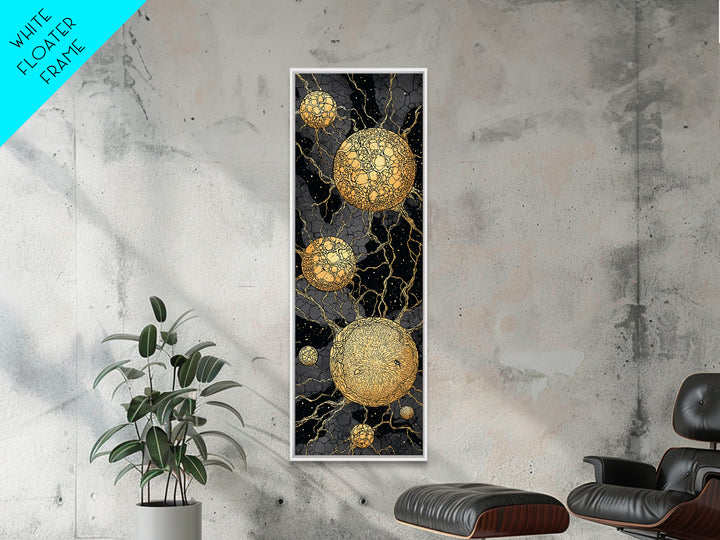 Cracked Golden Spheres With Marble Veins, Framed Canvas Print, Abstract Wall Art, Black And Gold Decor, Luxury Artwork For Home