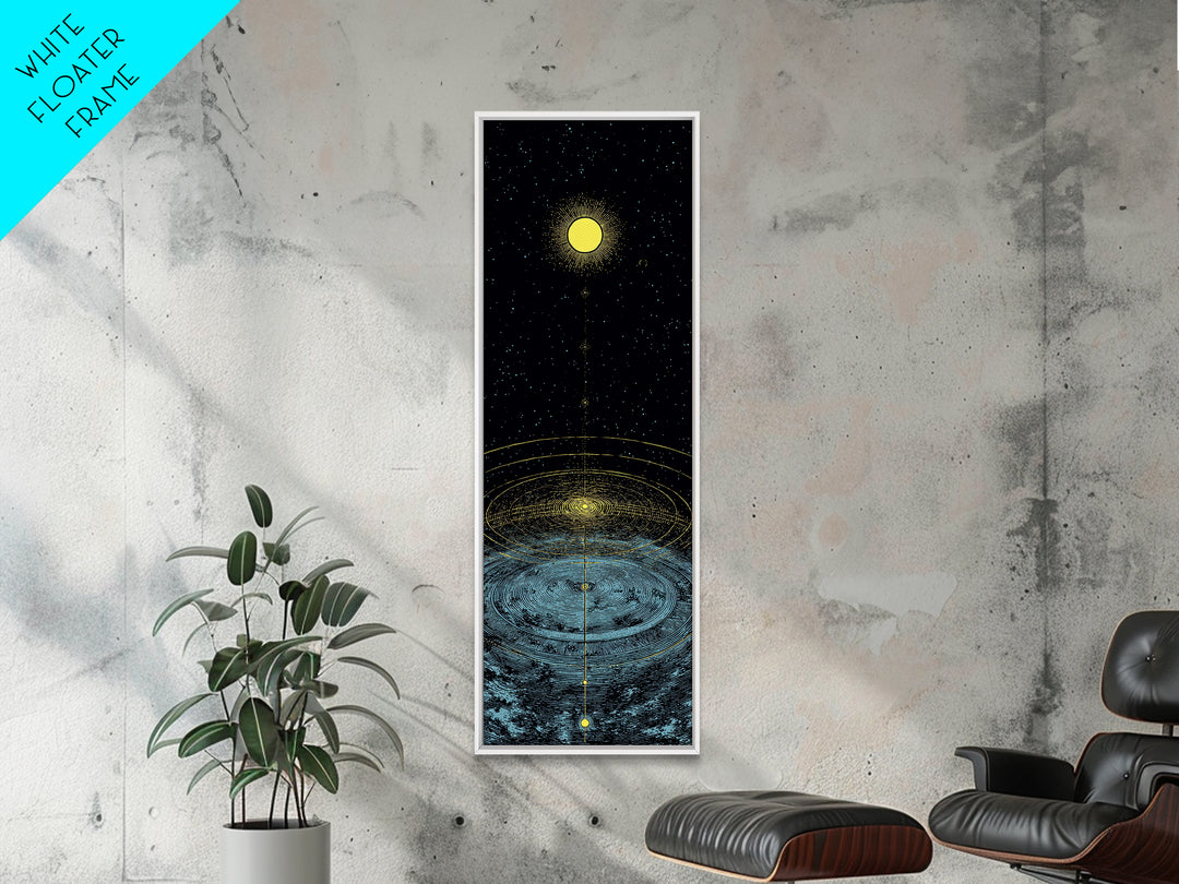 Golden Moon Over Cosmic Water Wall Art, Spiritual Celestial Abstract, Meditation Room Decor, Modern Black Canvas Print Gift