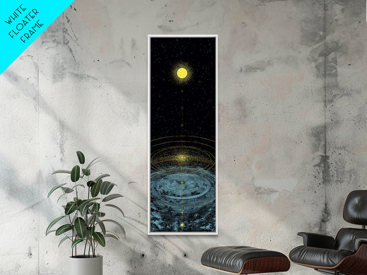 Golden Moon Over Cosmic Water Wall Art, Spiritual Celestial Abstract, Meditation Room Decor, Modern Black Canvas Print Gift