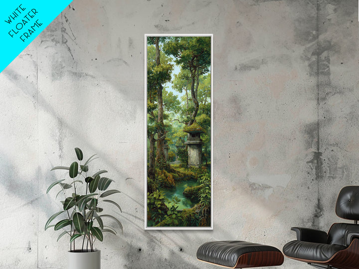 Ancient Jungle Shrine And Emerald Stream Wall Art, Mystical Forest Landscape, Nature Scene, Green Botanical Home Decor Print