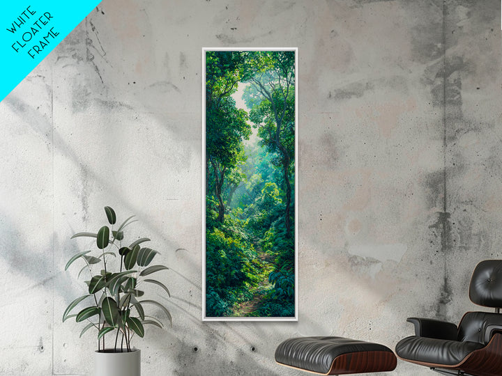 Sunlit Rainforest Path With Lush Green Leaves Framed Canvas Print, Jungle Decor, Nature Scene, Dreamy Wall Art Gift For Living Room