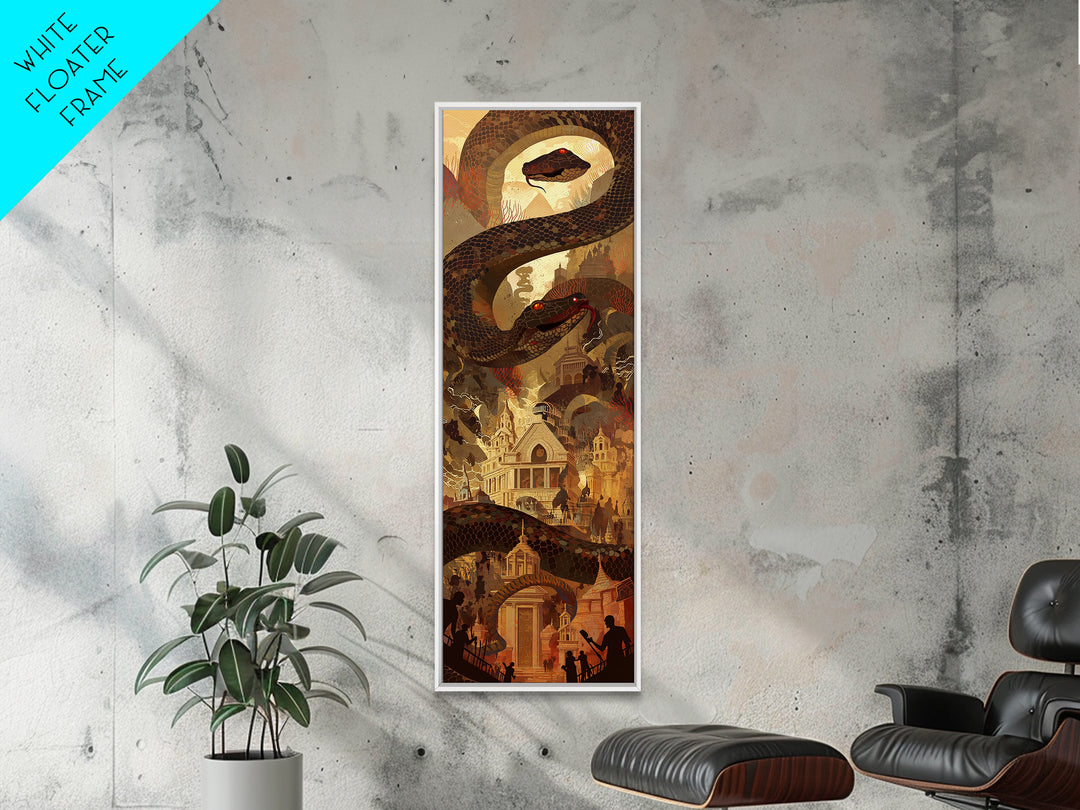 Giant Serpent Over Golden Fantasy City Wall Art, Mystical Statement Decor, Dark Academia Large Canvas Artwork For Living Room