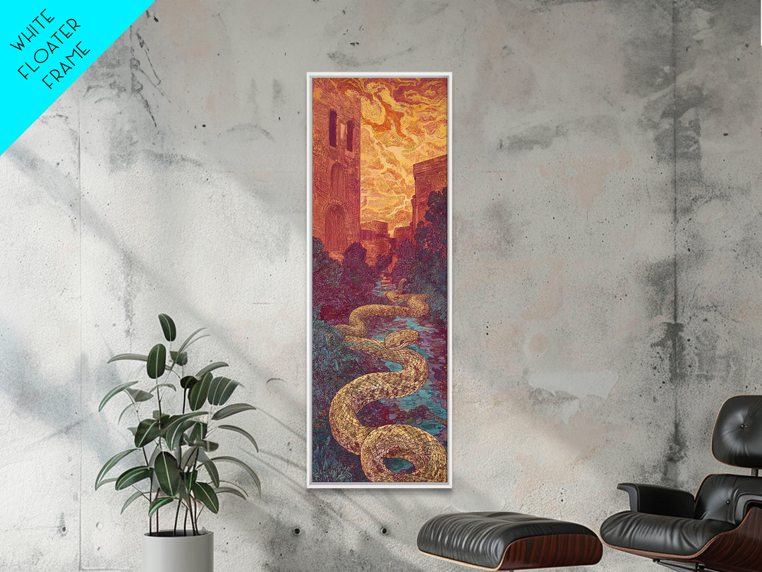 Golden Serpent Through Cathedral Garden Wall Art, Mystical Landscape Decor, Fantasy City Large Canvas Artwork For Home Gift