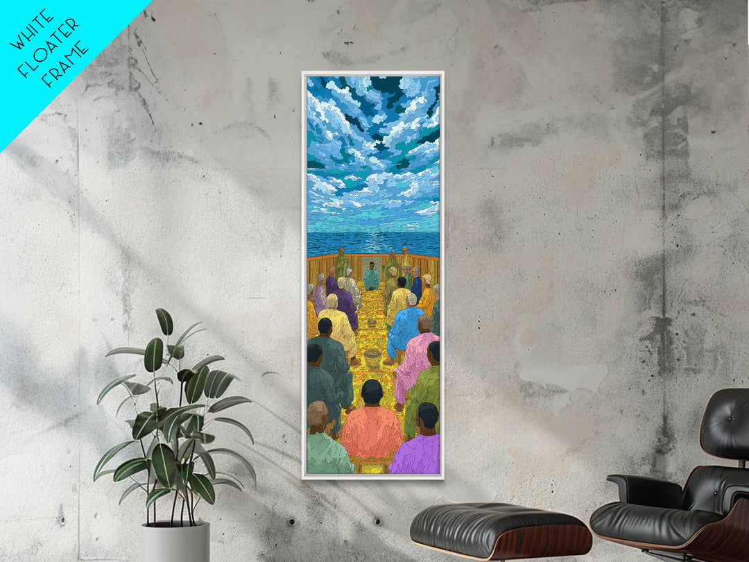Ocean Baptism Gathering Under Blue Sky Canvas Print, African Spiritual Wall Decor, Coastal Church Art, Serene Home Gift, Calm Decor