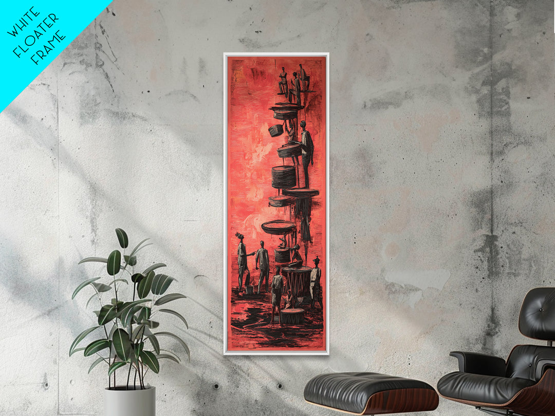 Red Surreal Figures Climbing Stacked Paths Wall Art, African Abstract Story Print, Modern Black Culture Decor Canvas For Office