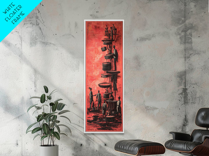 Red Surreal Figures Climbing Stacked Paths Wall Art, African Abstract Story Print, Modern Black Culture Decor Canvas For Office