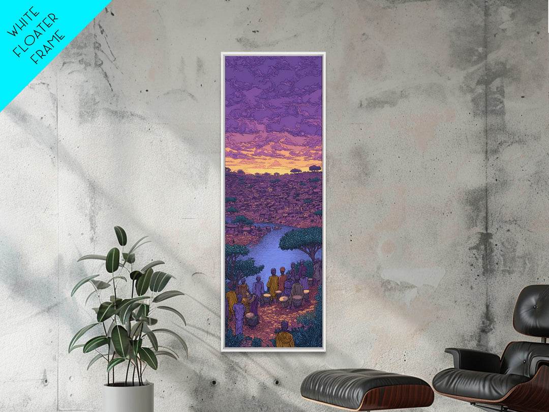 Purple African River City Sunset Wall Art, African Landscape Painting Print, Cultural Home Decor Canvas For Living Room Gift