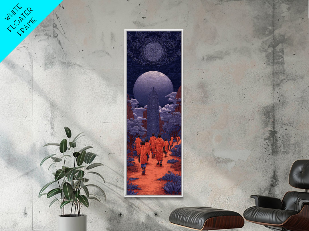 Orange Robed Pilgrims Beneath Twin Moons, African Wall Art, Afrocentric Decor, Mystical Landscape, Cultural Home Decor Gift