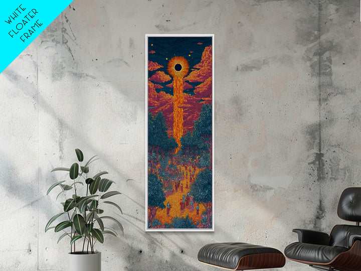 Solar Eclipse Portal Over Neon Forest, Framed Canvas Print, Mystical Wall Art, Afrocentric Decor, Vibrant Statement Piece