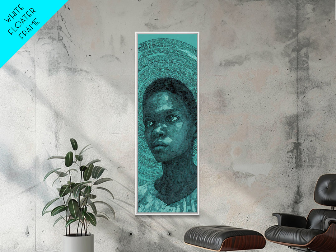 Teal Black Child Portrait With Halo Lines, Wall Art, Black Girl Art, Afrocentric Decor, Feminine Home Decor Gift For Her
