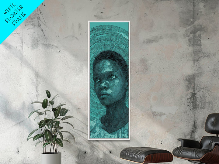 Teal Black Child Portrait With Halo Lines, Wall Art, Black Girl Art, Afrocentric Decor, Feminine Home Decor Gift For Her