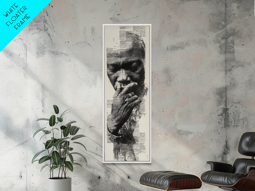 Contemplative Black Man Portrait In Text, Framed Canvas Print, Black Wall Art, Afrocentric Decor, Thoughtful Gift For Him