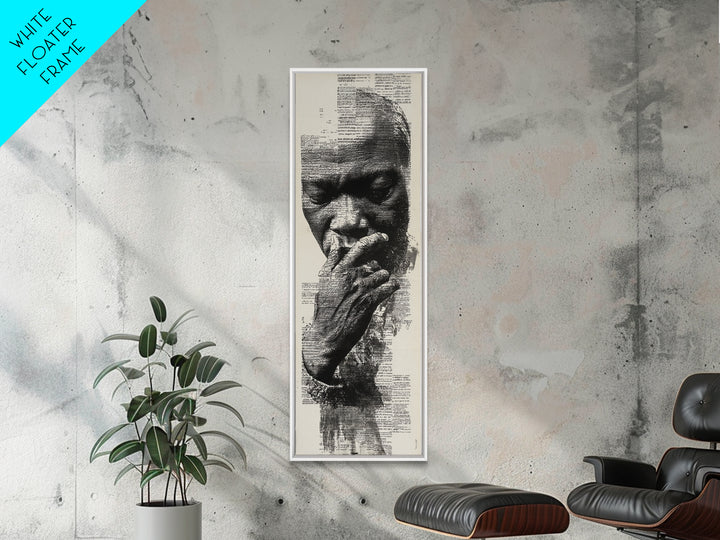 Contemplative Black Man Portrait In Text, Framed Canvas Print, Black Wall Art, Afrocentric Decor, Thoughtful Gift For Him