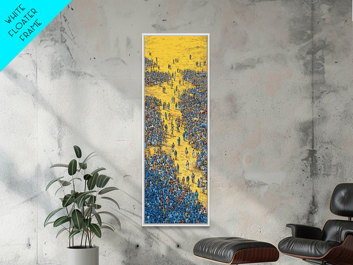 Golden Path Through Blue Crowd Canvas Print, African Celebration Art, Cultural Wall Decor, Bold Tribal Abstract Home Decor