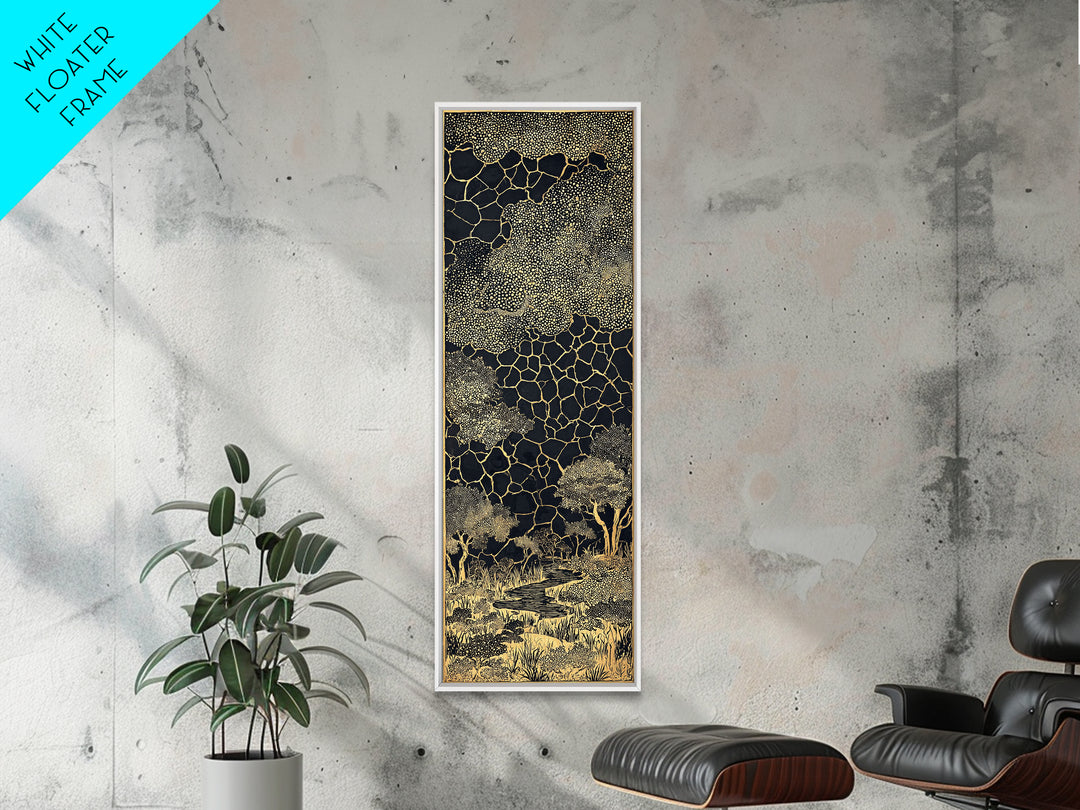 Gold Acacia Trees In Cracked Night Landscape Canvas Print, African Wall Art, Black And Gold Tribal Decor, Luxury Home Accent