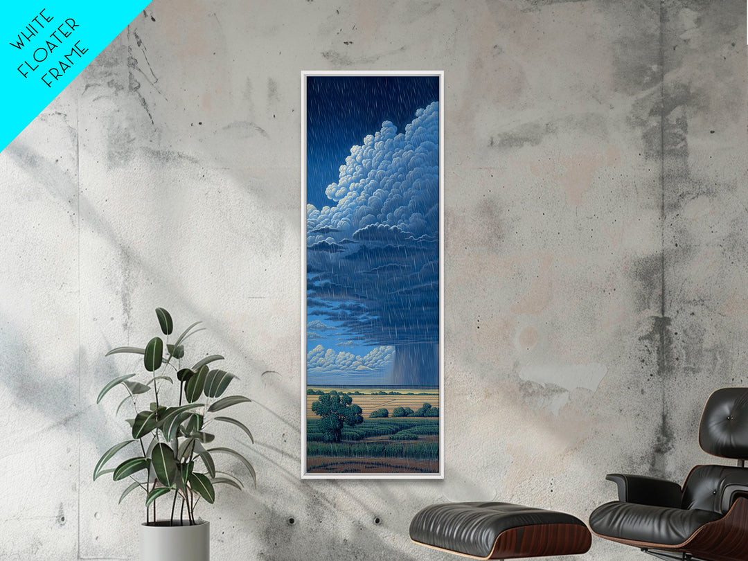 Blue Rainstorm Over African Plains Framed Canvas Print, Dramatic Cloud Wall Art, Nature Scene Decor, Unique Landscape Gift
