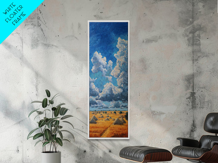 Golden Savanna Huts Under Towering Blue Clouds Canvas Print, African Landscape Wall Decor, Safari Art For Living Room Decor Gift