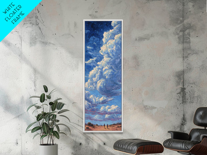 Desert Walkers Under Sculpted Blue Clouds Wall Art, African Landscape Canvas Print, Modern Safari Decor For Living Room Gift
