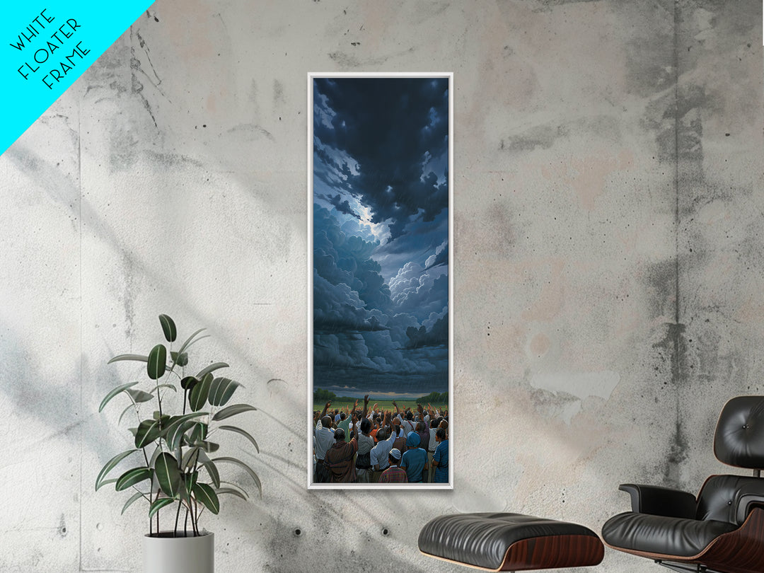Dramatic Storm Clouds Over African Crowd Wall Art, Afrocentric Landscape Print, Black Culture Decor, Moody Sky Canvas Gift