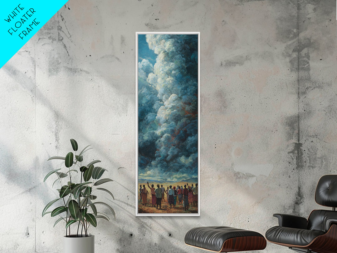 Towering Blue Clouds Above African Gathering Canvas Print, Afrocentric Wall Decor, Dramatic Sky Painting, Cultural Art Gift