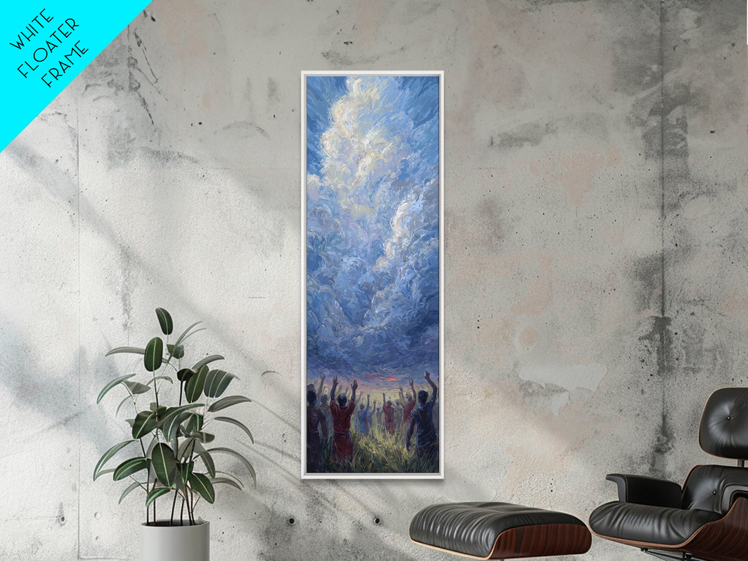 Expressive Blue Sky And Uplifted African Figures Wall Art, Afrocentric Decor, Spiritual Cloud Painting, Hopeful Gift For Home