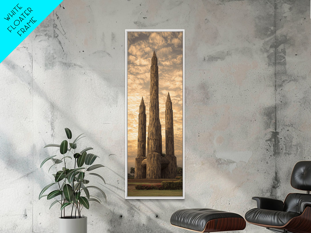 Tall Carved Wooden African Towers At Sunset Canvas Print, Tribal Architecture Wall Decor, Earth Tone Statement Art Gift For Home
