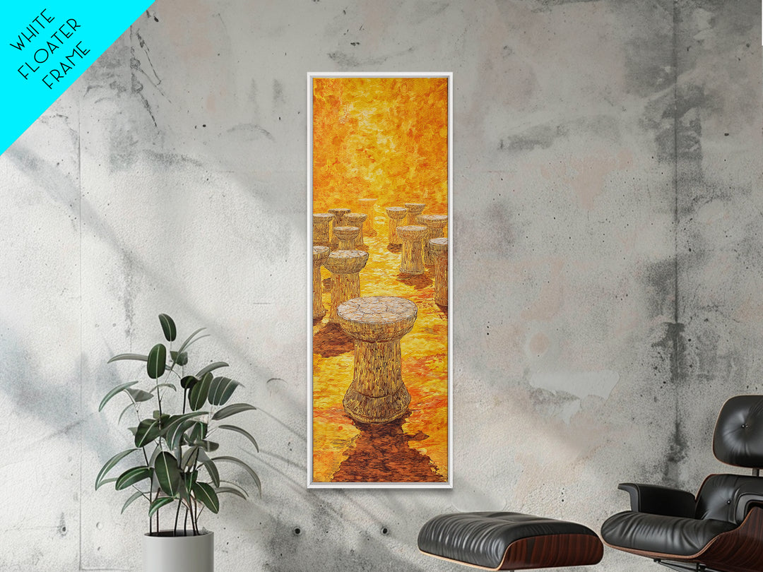 Golden African Stool Landscape Wall Art, Warm Orange Textured Painting, Unique Canvas Decor For Safari Inspired Home Decor