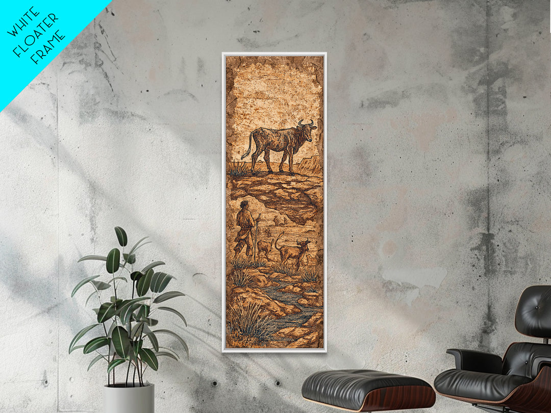 Ancient Cattle Herder Cave Painting Wall Art, African Safari Art Print, Rustic Tribal Landscape Decor For Home Office Decor