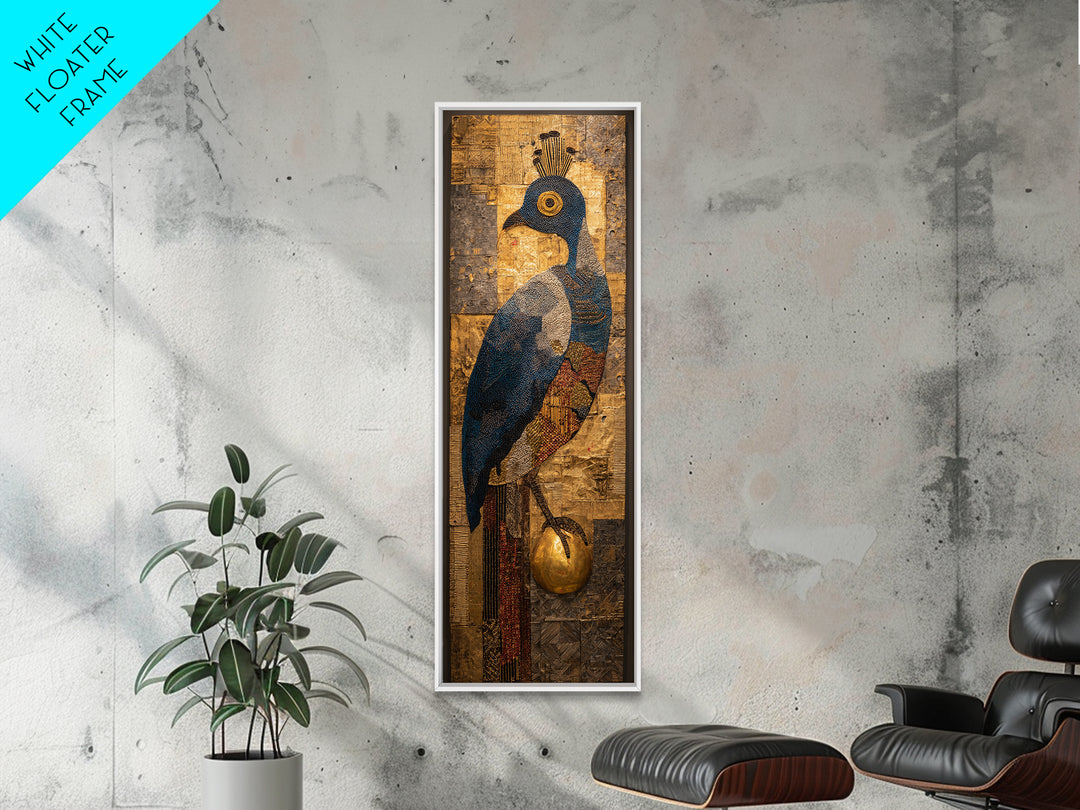 Blue Gold Peacock Portrait Canvas Print, African Inspired Bird Art, Textured Mixed Media, Luxury Elegant Home Wall Decor Gift