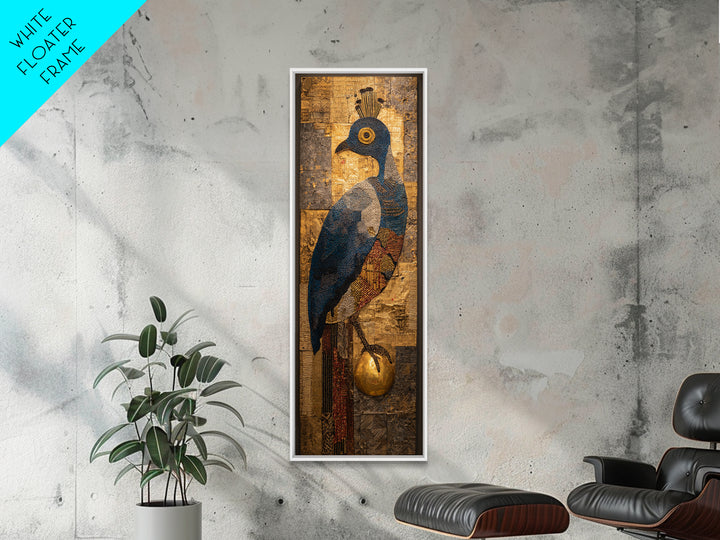 Blue Gold Peacock Portrait Canvas Print, African Inspired Bird Art, Textured Mixed Media, Luxury Elegant Home Wall Decor Gift