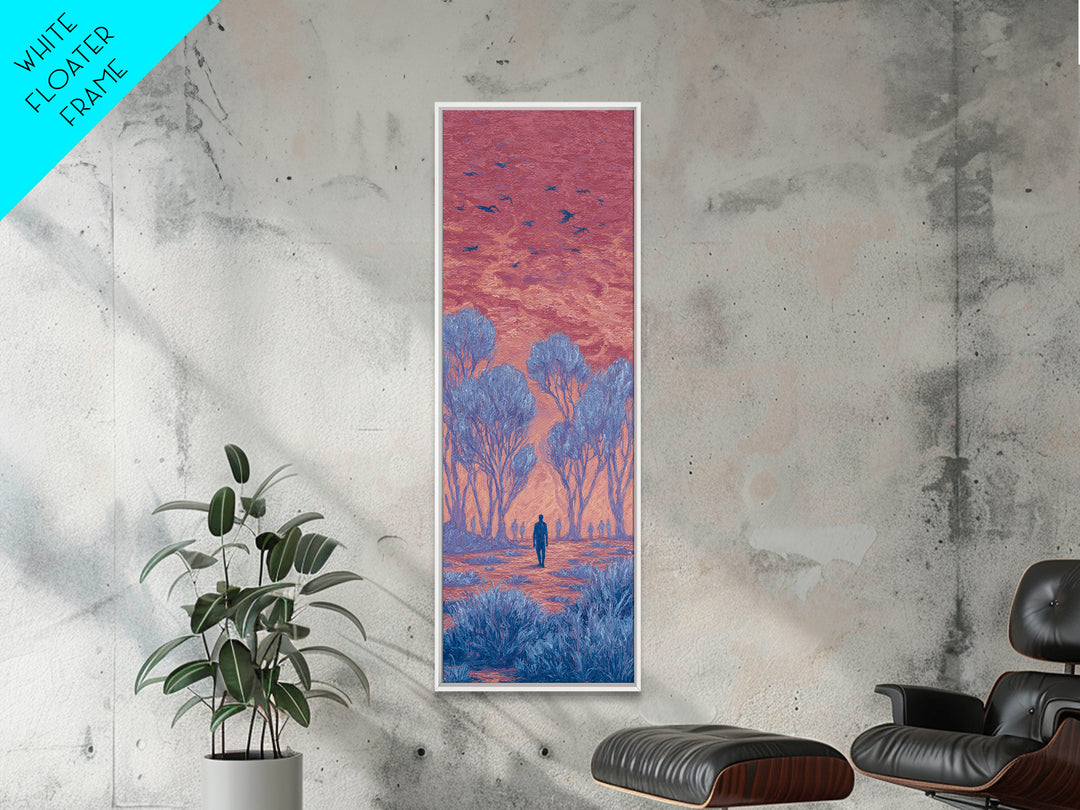 Pink Sunset Landscape Canvas Print, African Landscape, Dreamy Wall Art, Nature Scene Art, Blue Trees, Birds, Large Decor Art