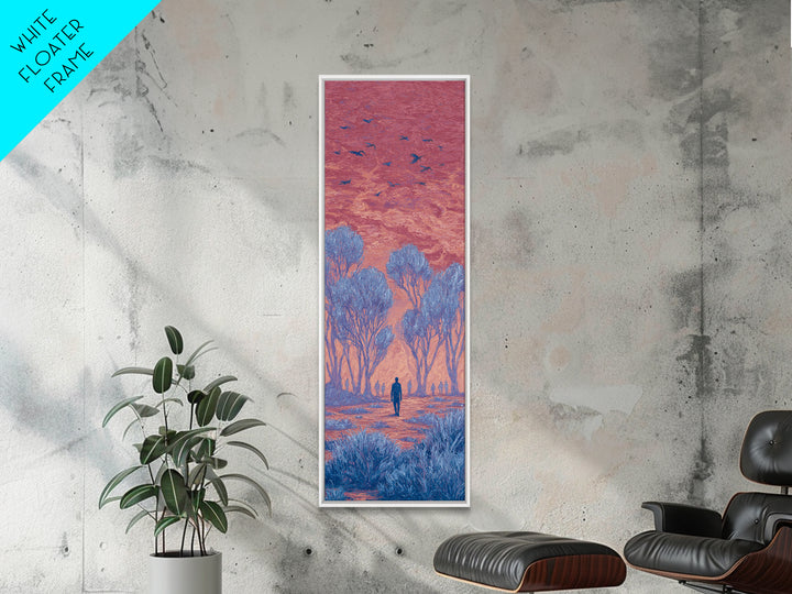 Pink Sunset Landscape Canvas Print, African Landscape, Dreamy Wall Art, Nature Scene Art, Blue Trees, Birds, Large Decor Art