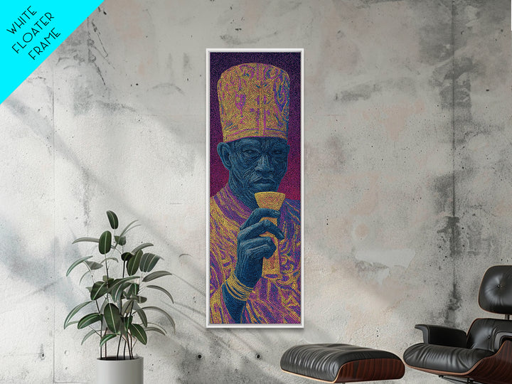 Ornate Blue Elder Drinking Tea Wall Art, African Portrait, Contemporary Canvas, Pointillist Black Art, Bold Home Decor Gift