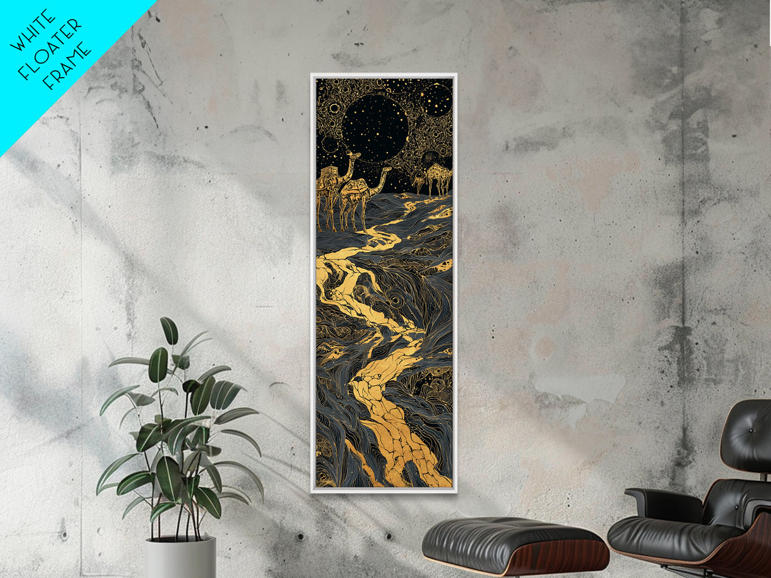 Golden Moon Elephants In Cosmic River Wall Art, African Safari Art, Black And Gold Decor, Mystical Landscape, Statement Print