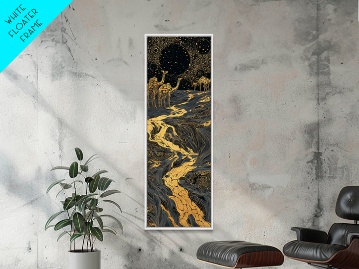 Golden Moon Elephants In Cosmic River Wall Art, African Safari Art, Black And Gold Decor, Mystical Landscape, Statement Print
