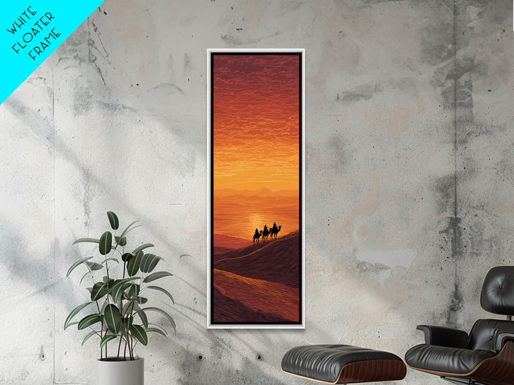 Sunset Camel Caravan Over Desert Dunes Canvas Print, African Landscape, Sahara Travel Wall Decor, Warm Orange Safari Art