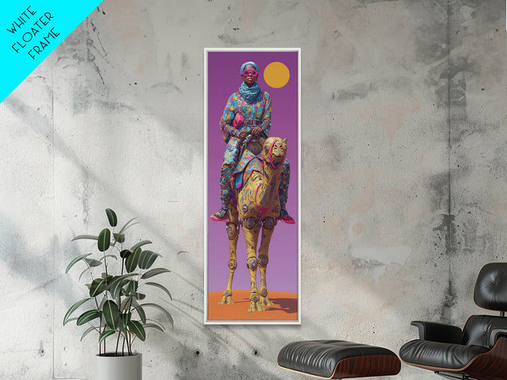 Afrofuturist Woman On Robotic Camel Wall Art, African Queen Portrait, Modern African Art, Purple Orange Desert Decor Print