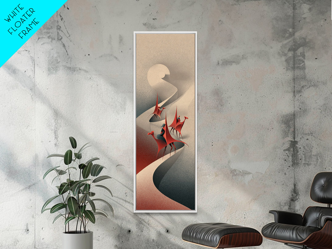 Red Crowned Birds On Winding Moonlit River Canvas Print, Abstract African Art, Elegant Boho Wall Decor, Modern Home Gift